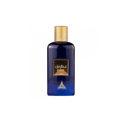 Frasco de perfume azul escuro com tampa dourada e rótulo com texto