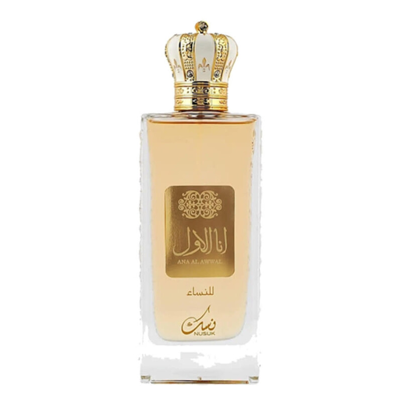 Frasco de perfume com tampa dourada em forma de coroa