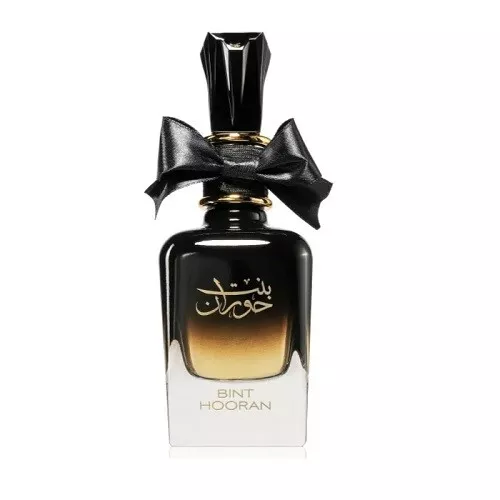 Frasco de perfume BINT HOORAN preto com degradê e laço preto