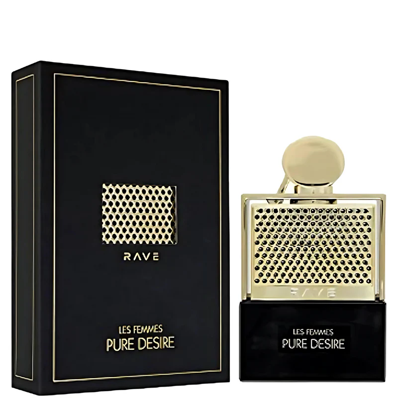 Frasco de perfume e embalagem preta com texto dourado