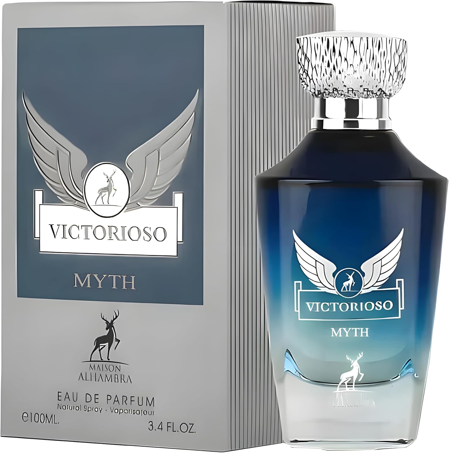 Garrafas e embalagem de perfume Victorioso Myth azul com logotipo de asas e cervo