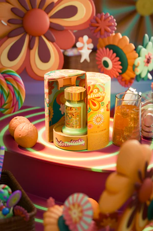 Frasco decorativo em embalagem amarela com flores coloridas e texto adorable