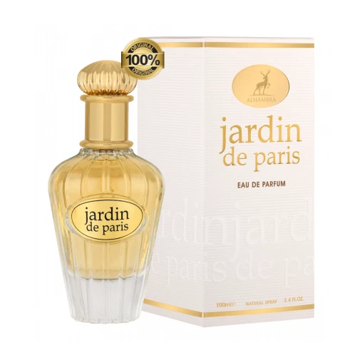 Frasco de perfume Jardin de Paris com caixa branca e detalhes dourados