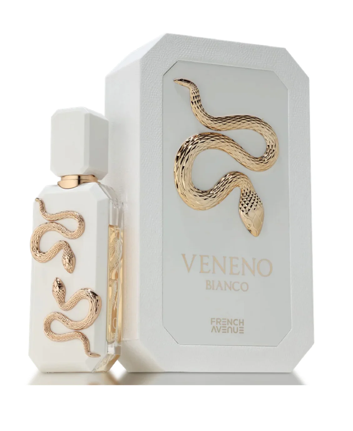 Frasco de perfume branco com relevo dourado de cobra e caixa com mesmos detalhes.