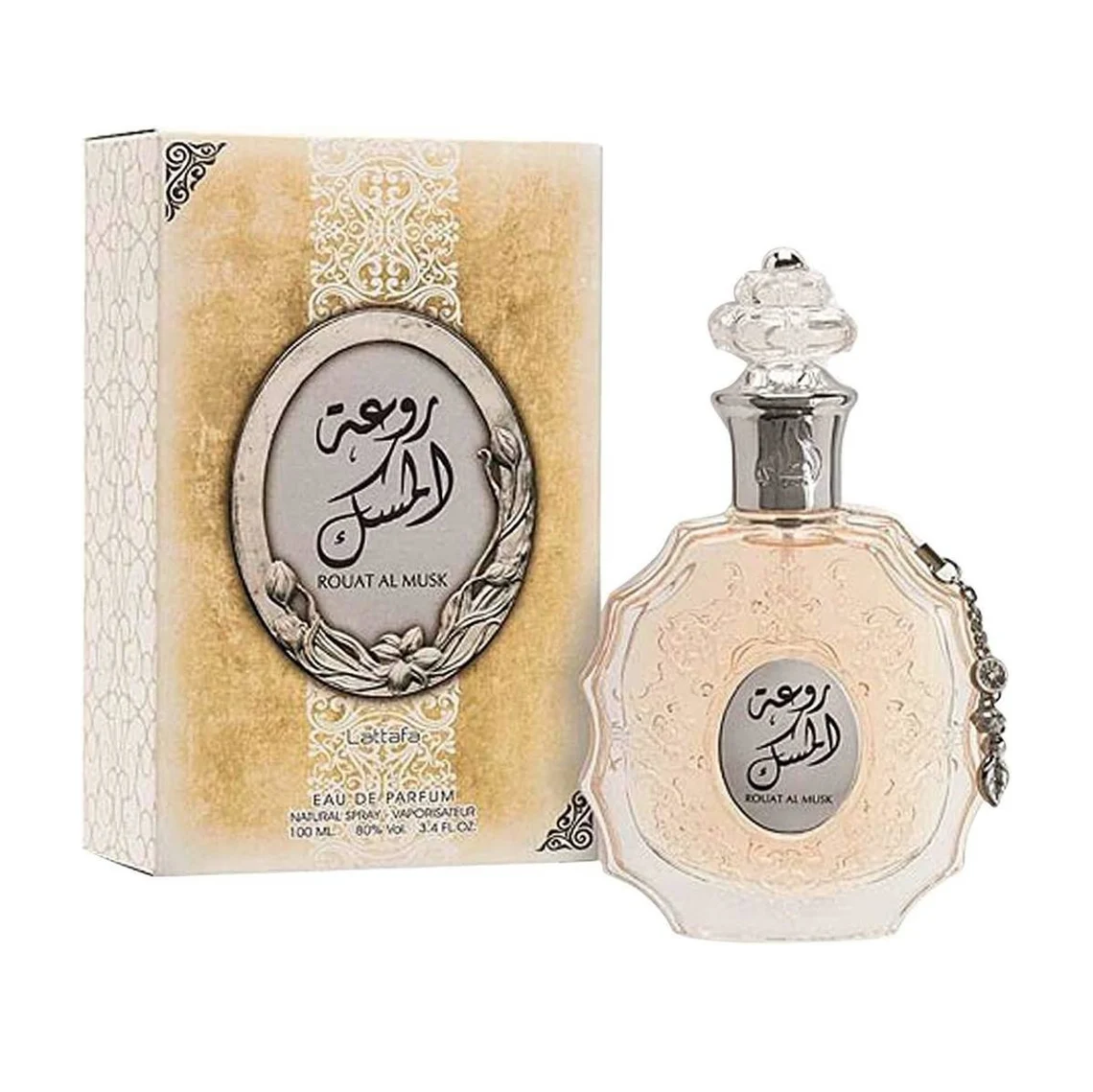 Frasco e caixa de perfume Rou'at Al Musk em vidro e embalagem bege