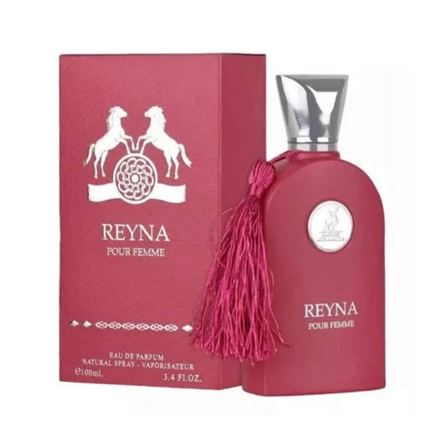 Frasco e caixa de perfume REYNA cor rosa escuro com detalles em prata e tassel rosa.