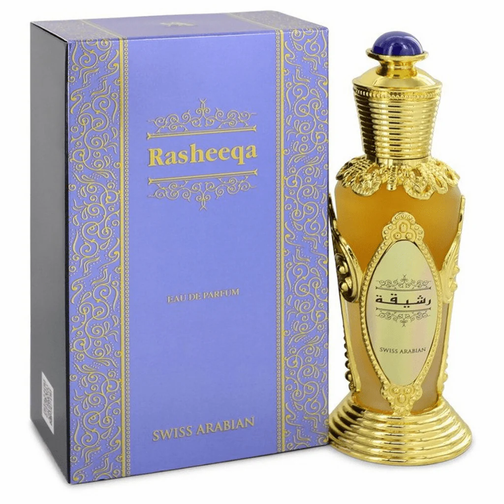Perfume Rasheeqa Swiss Arabian com embalagem roxa e frasco dourado decorativo