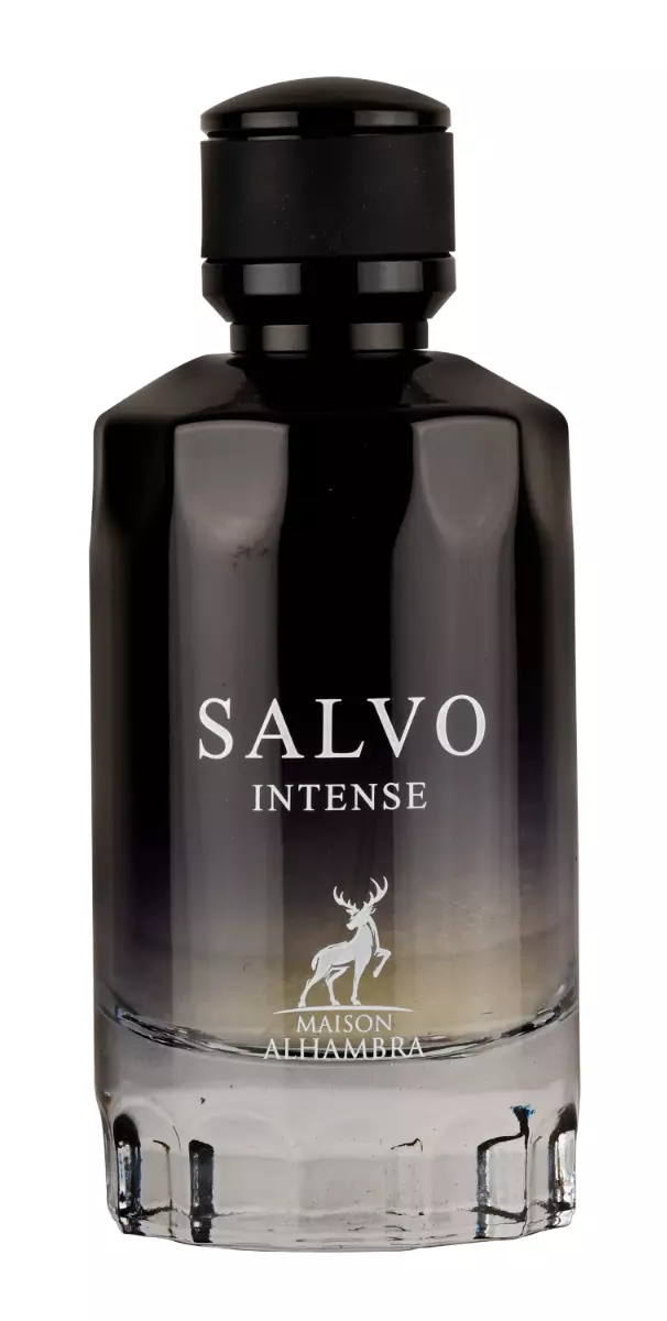 Garrafa de perfume preta e transparente com texto branco e tampa preta