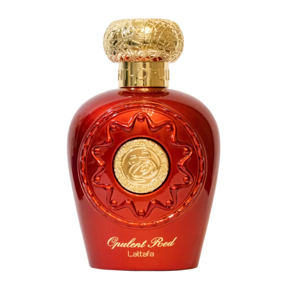 Frasco vermelho opulento de perfume Lattafa com tampa dourada texturizada