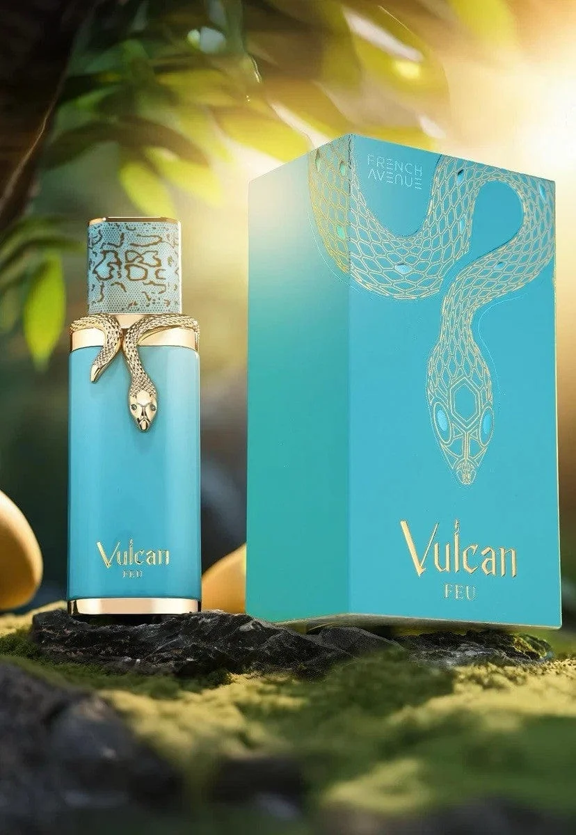 Frasco e embalagem de perfume Vulcan Pneu azul com detalhes de cobra