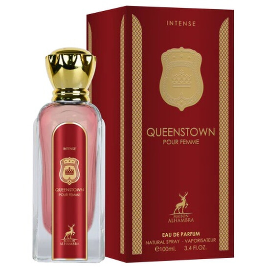 Frasco de perfume e embalagem vermelha e dourada QUEENSTOWN POUR FEMME