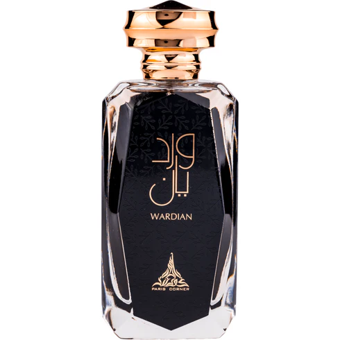 Frasco de perfume preto e dourado com texto WARDIAN e PARIS CORNER