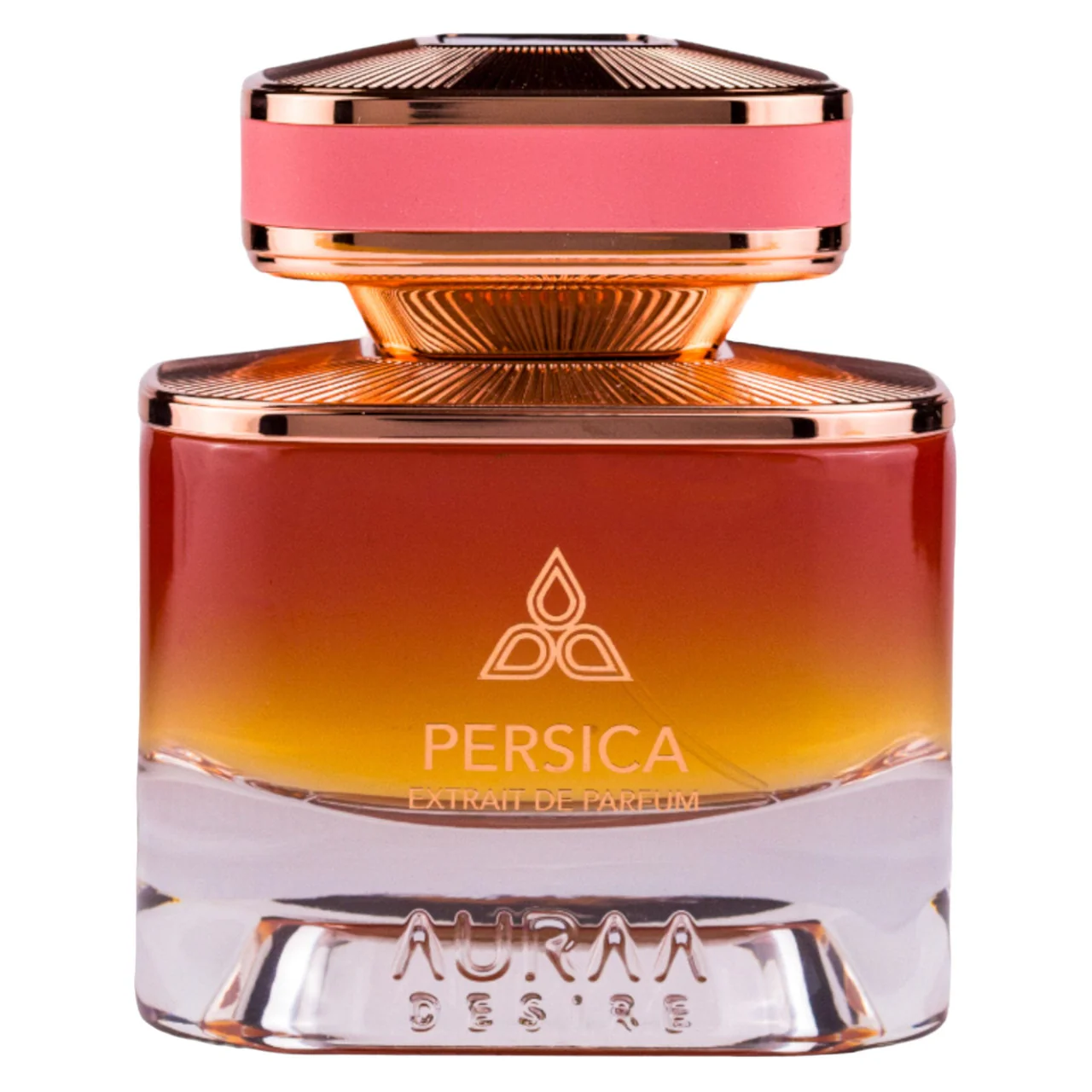 Frasco de perfume PERSICA Extrait de Parfum com design degradê e tampa dourada rosa