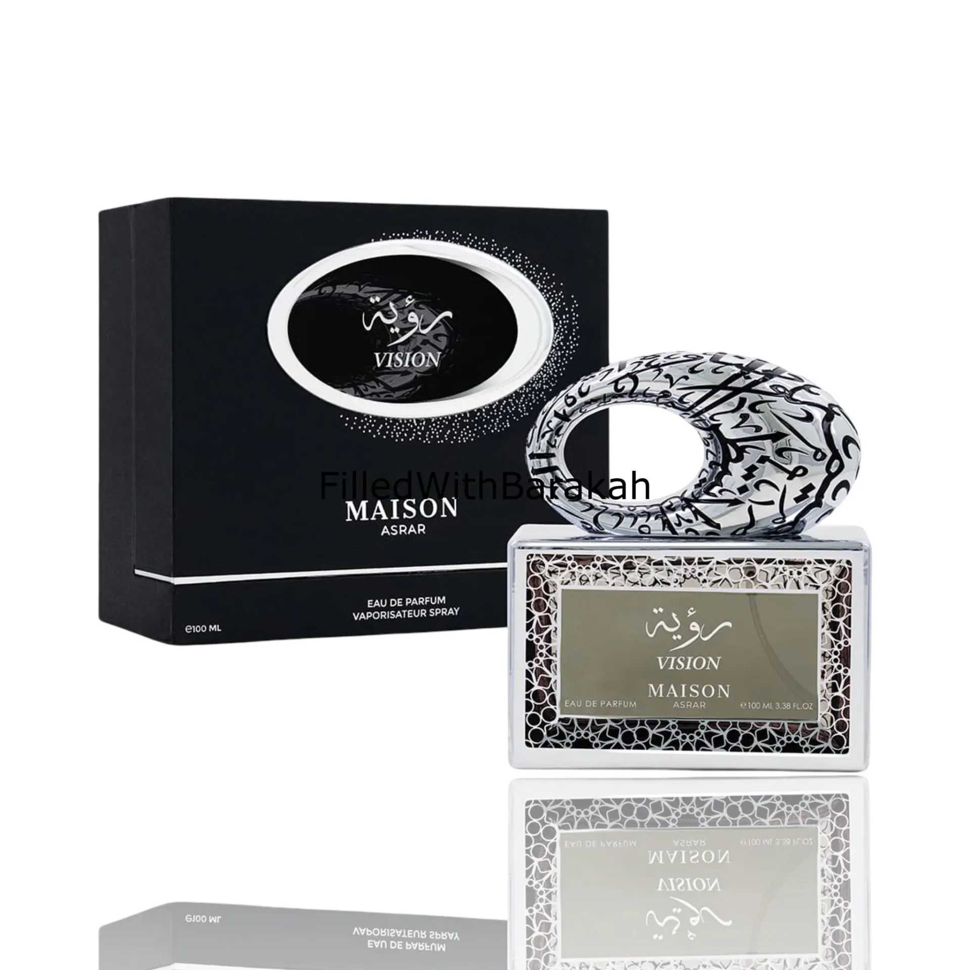 Frasco de perfume com padrão gráfico preto e branco, caixa preta com texto