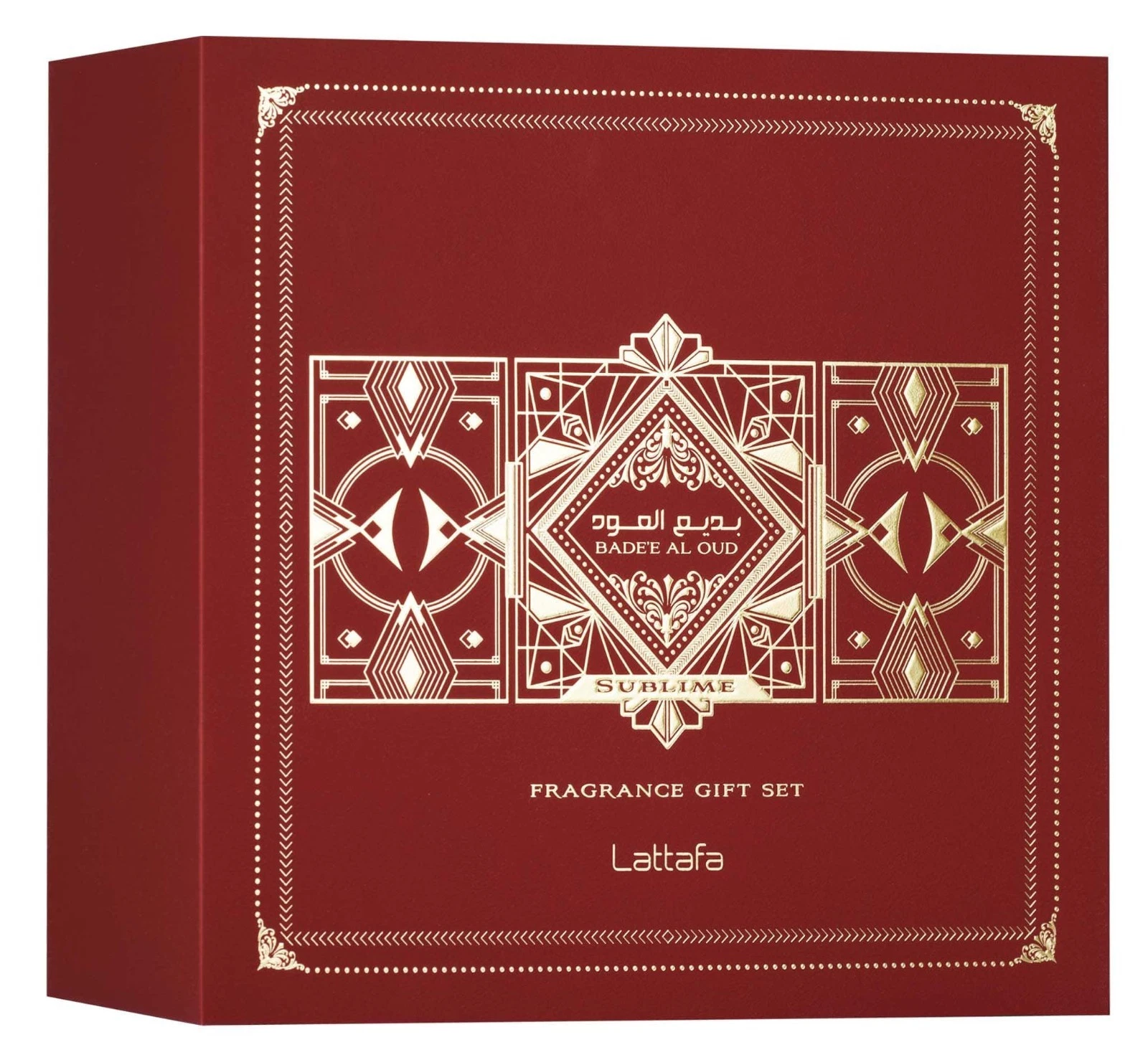 Caixa de presente de fragrância Lattafa Badee Al Oud Sublime vermelha com padrão dourado