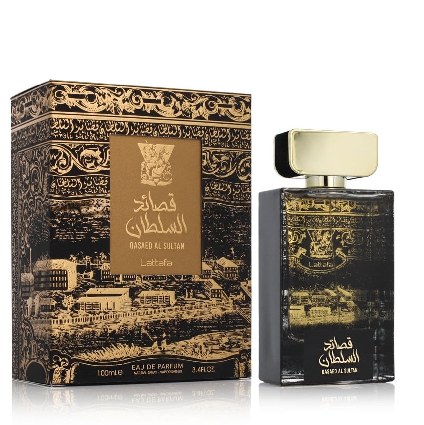 Perfume QASAD AL SULTAN da Lattafa com embalagem preta e dourada e frasco com tampa dourada