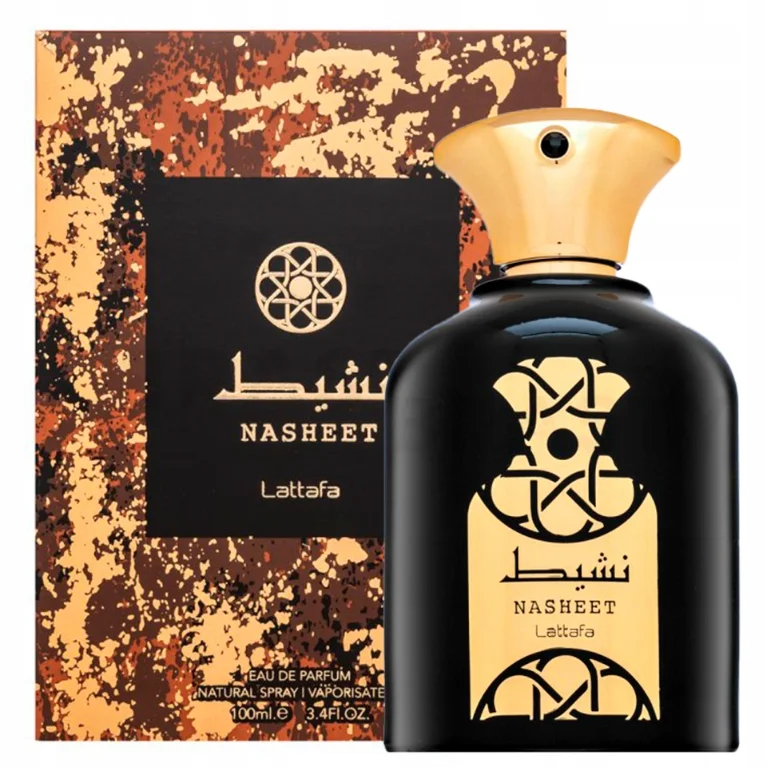 Frasco preto de perfume NASHEET Lattafa com tampa dourada e caixa decorativa