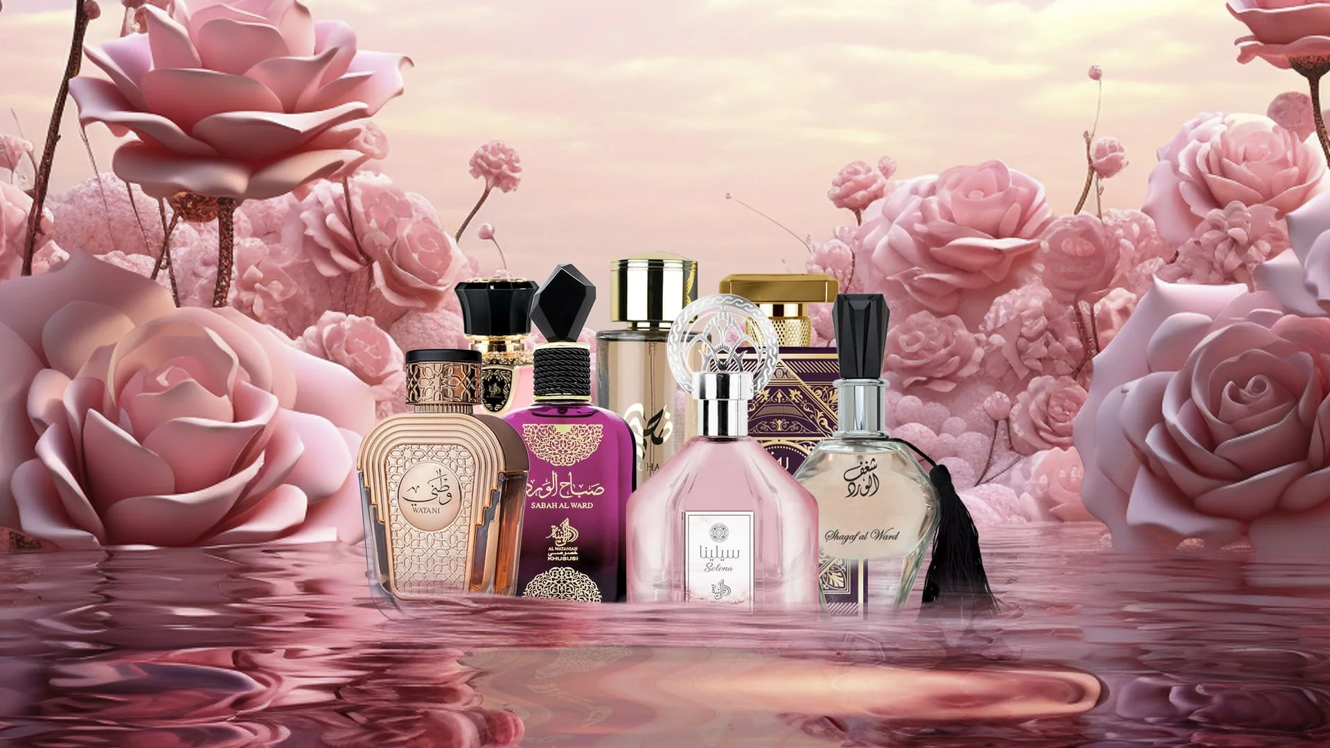Frascos de perfumes variados rodeados por grandes rosas cor-de-rosa