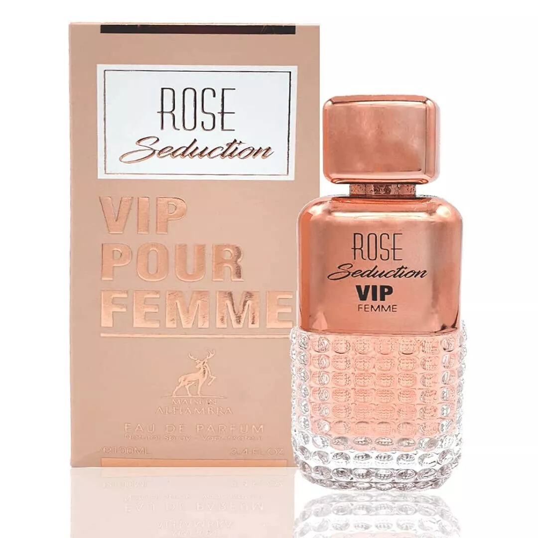 Perfume Rose Seduction VIP Pour Femme com frasco cobre e caixa bege