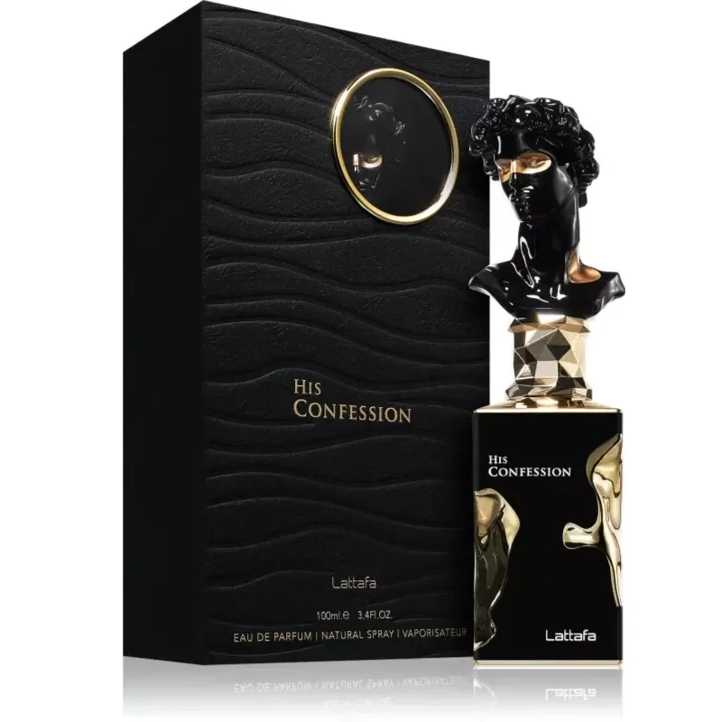 Frasco de perfume His Confession preto com detalhes dourados e caixa preta