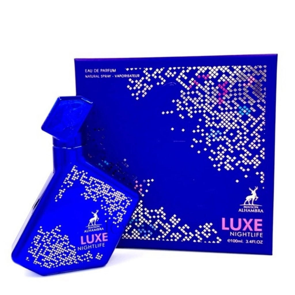 Frasco e caixa azul de perfume ALHAMBRA LUXE NIGHTLIFE com padrão de pontos brancos