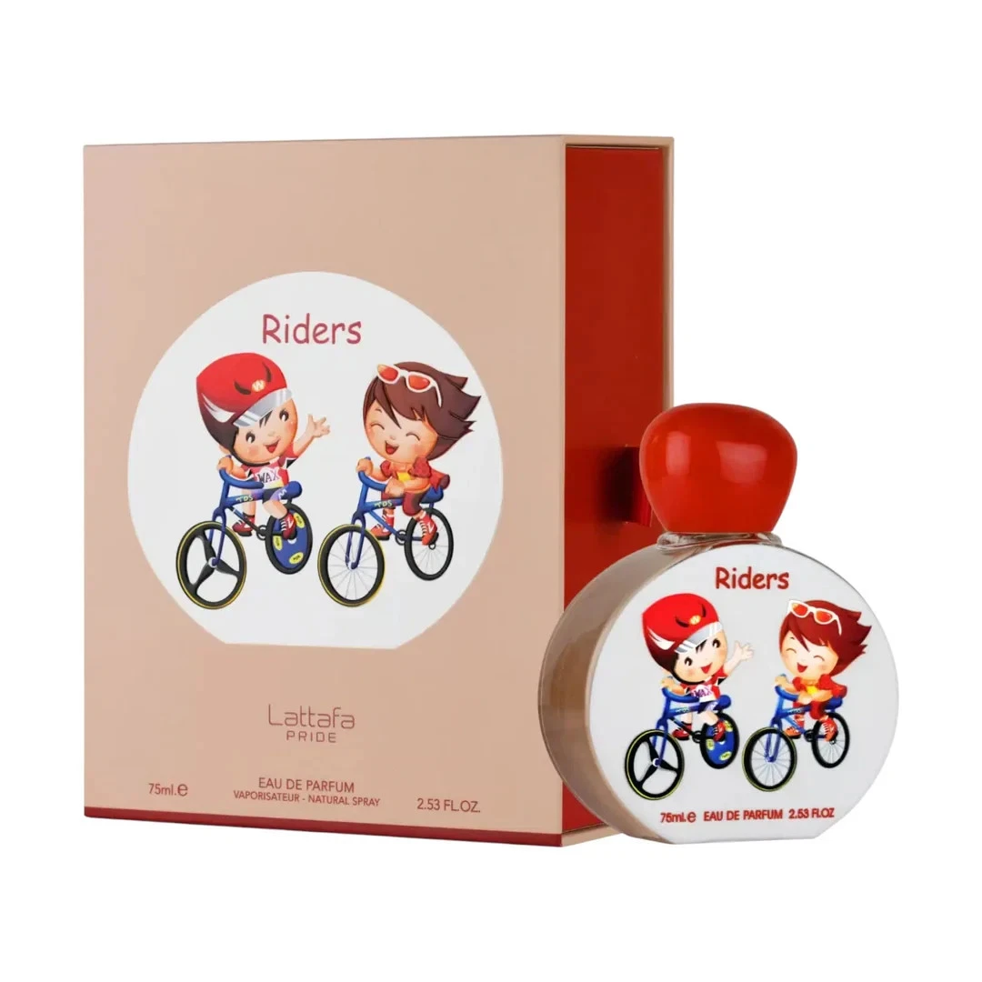 Perfume Lattafa PRIDE Riders com ilustração de crianças a andar de bicicleta