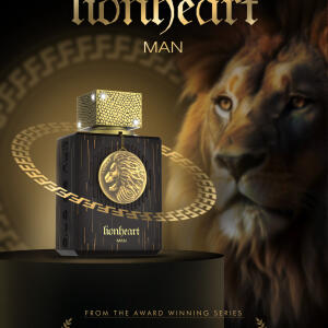 Frasco de perfume preto e dourado com imagem de leão e fundo com leão e padrão circular dourado