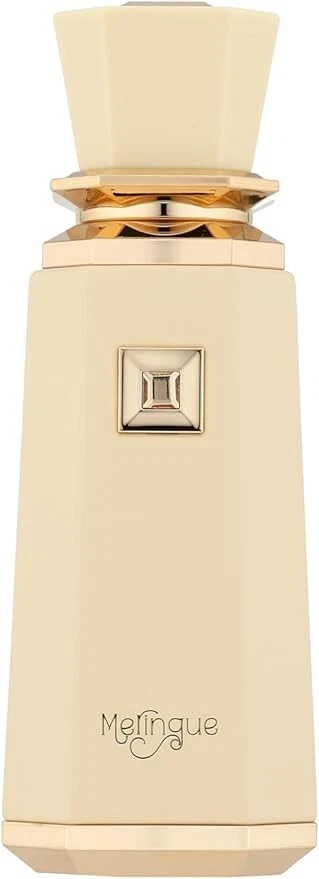 Frasco de perfume creme com detalhes dourados e texto Meringue