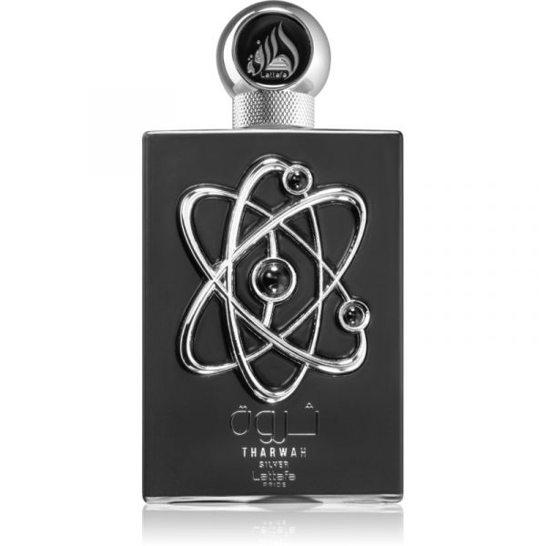 Frasco preto de perfume com design de átomo prateado e tampa prateada