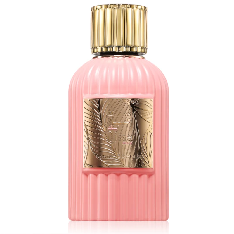 Frasco de perfume rosa com tampa dourada e placa decorativa dourada com folhas e texto