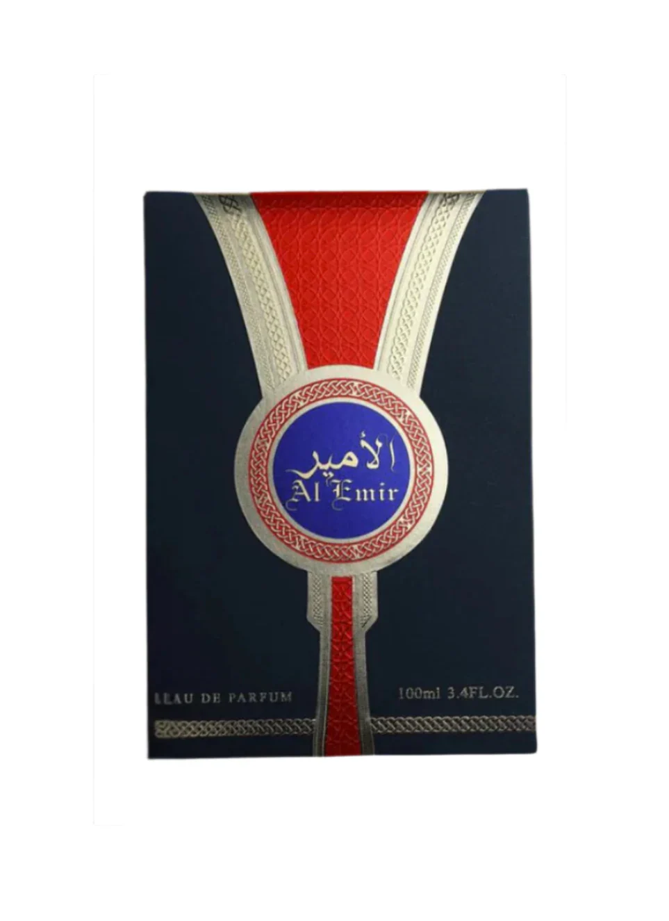 Embalagem de perfume Al Emir preta com detalhes vermelhos e dourados