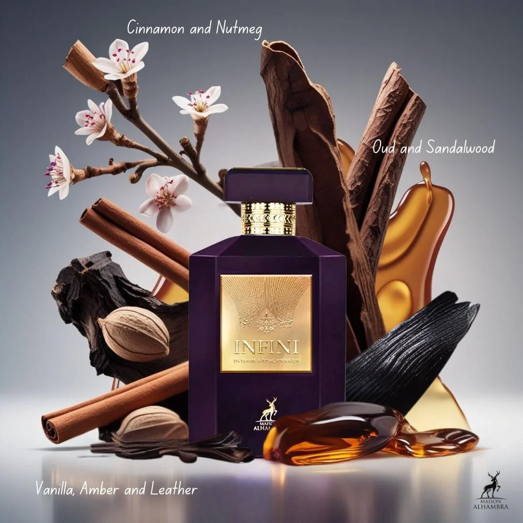 Frasco roxo de perfume INFINI com rótulo dourado e ingredientes naturais ao redor