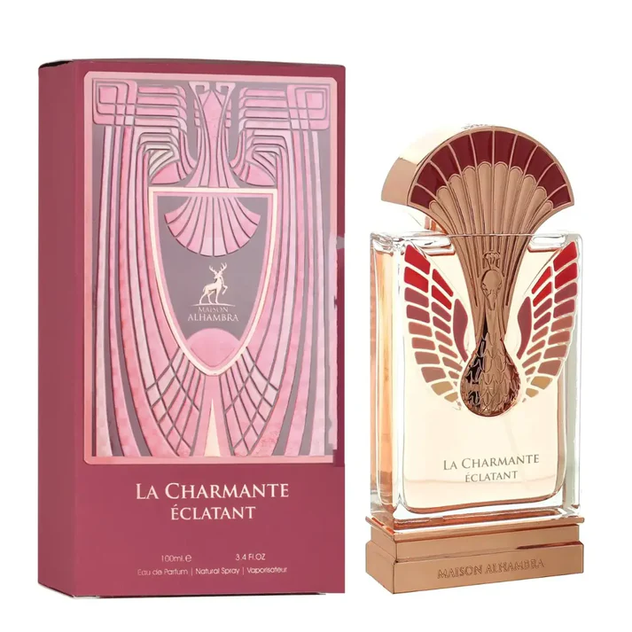 Perfume La Charmante Éclatant com embalagem rosa e frasco de vidro decorado dourado