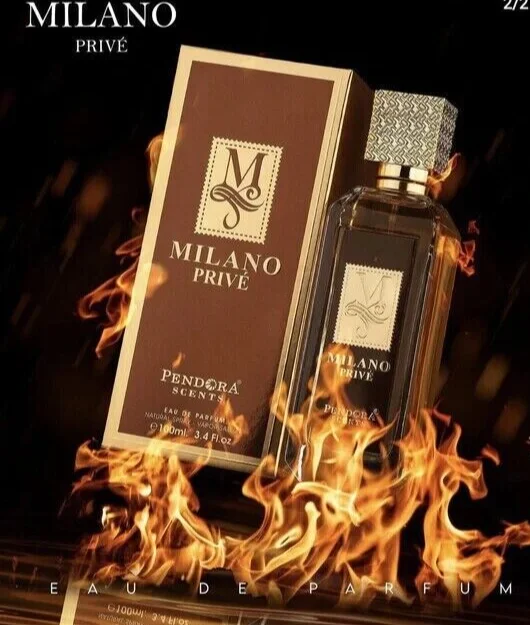 Frasco e caixa de perfume Milano Privé Pendora Scent com chamas ao redor