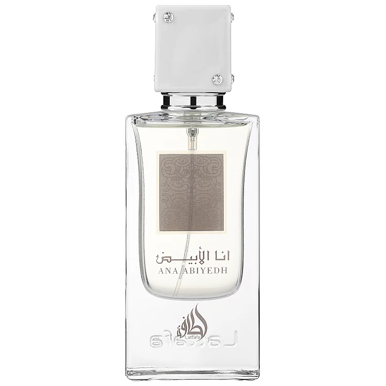 Frasco de perfume transparente com tampa branca e etiqueta cinza