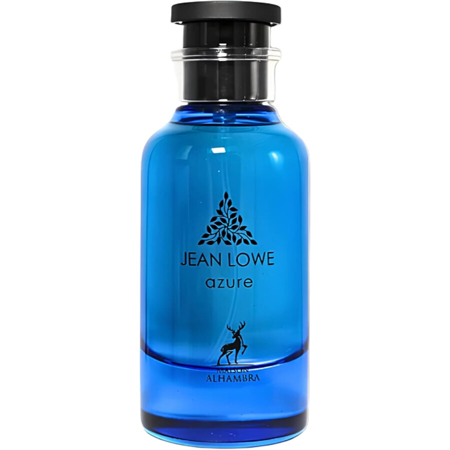 Frasco azul translúcido de vidro para perfume com tampa preta e texto de marca