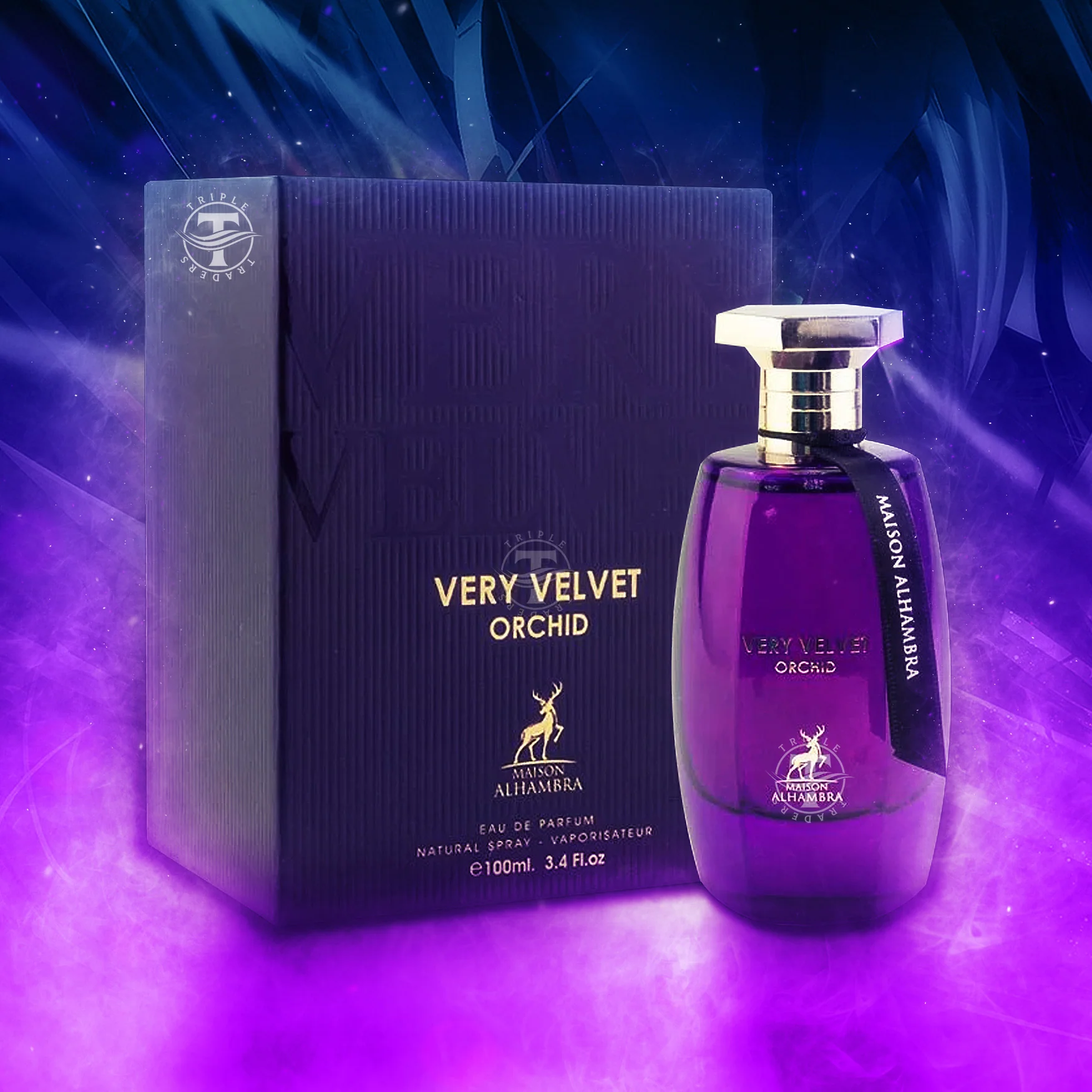 Frasco de perfume roxo e embalagem preta com texto Very Velvet Orchid