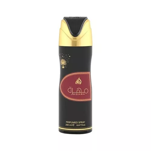 Spray perfumado Mohra preto e dourado com etiqueta vermelha e texto em árabe e inglês