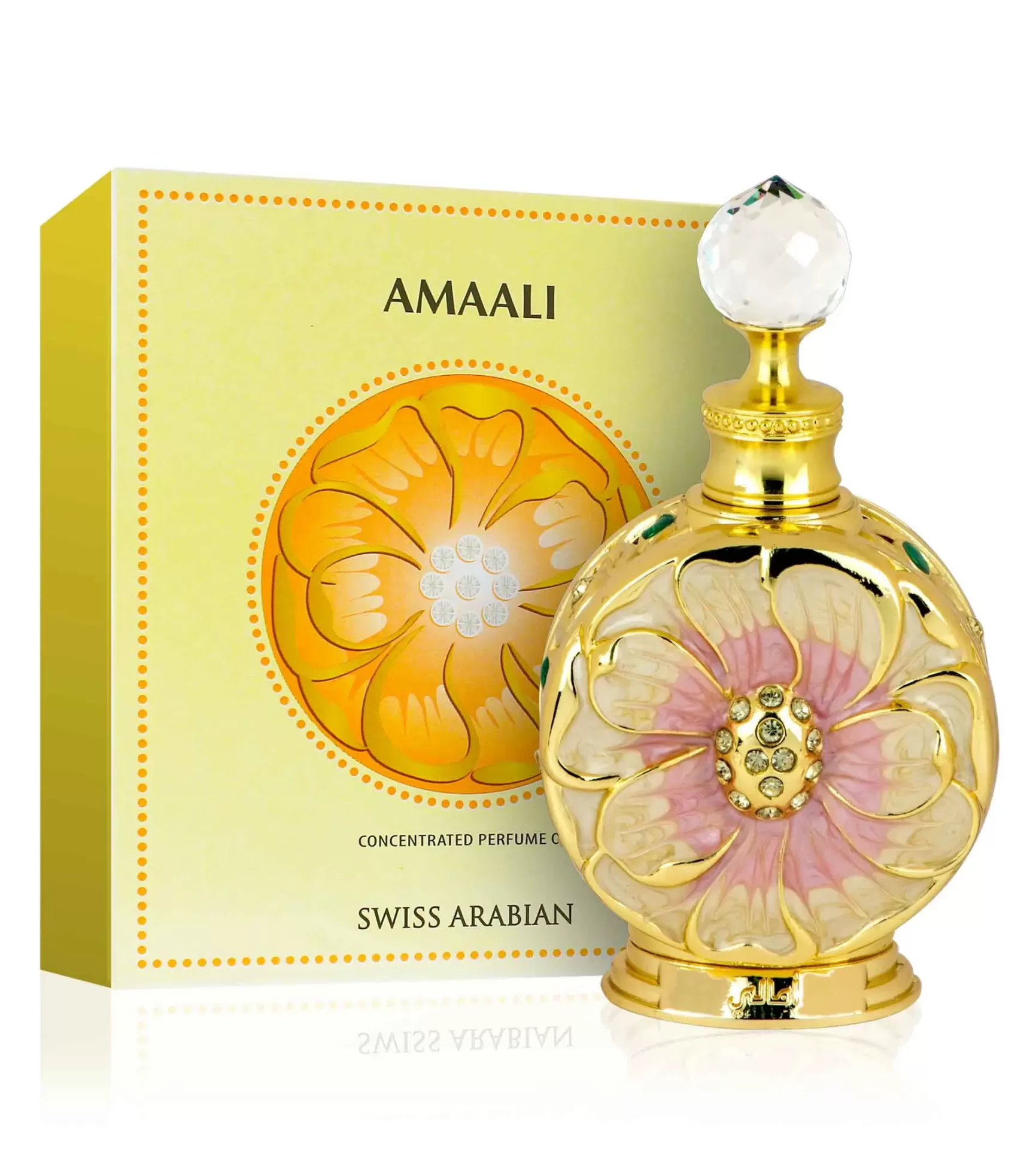 Frasco de perfume dourado com flor rosa e embalagem amarela AMAALI