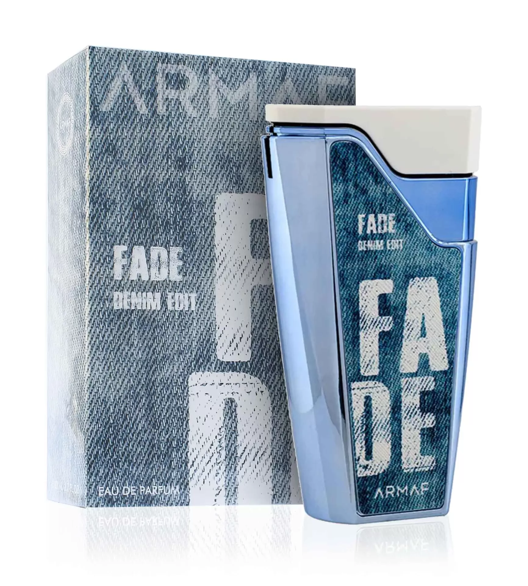 Frasco de perfume azul e caixa com padrão denim e texto FADE DENIM TOY ARMAF