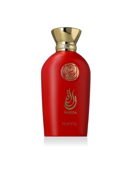 Frasco vermelho com tampa dourada de perfume e inscrições douradas.
