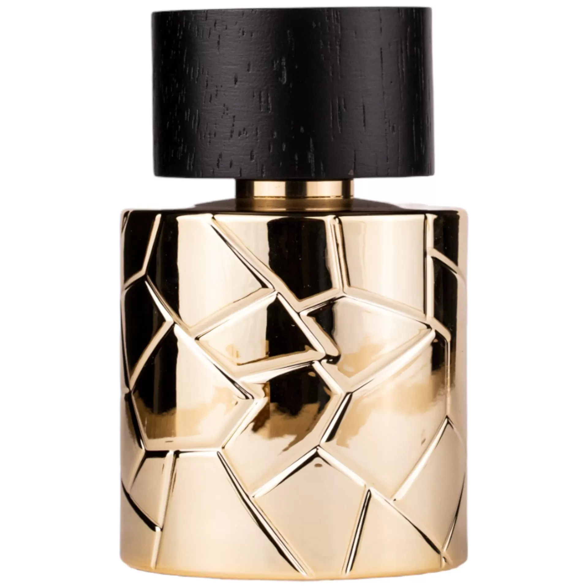 Frasco de perfume dourado com tampa preta texturizada