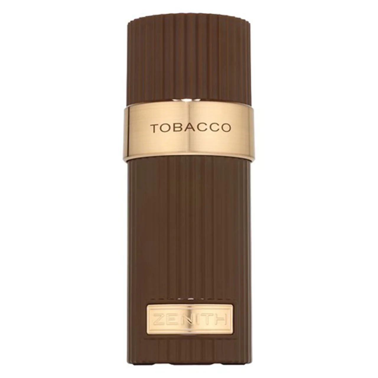 Frasco de perfume castanho com detalhes dourados e texto TOBACCO e ZENITH