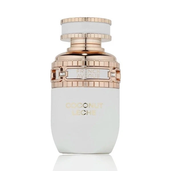 Frasco de perfume branco e dourado com texto FRENCH AVENUE e COCONUT LECHE