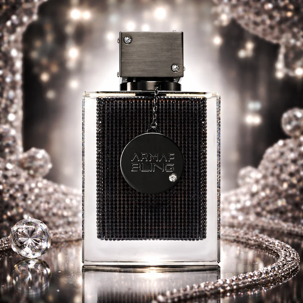 Frasco de perfume ARMAF BLING com cristais pretos e tampão metálico com strass