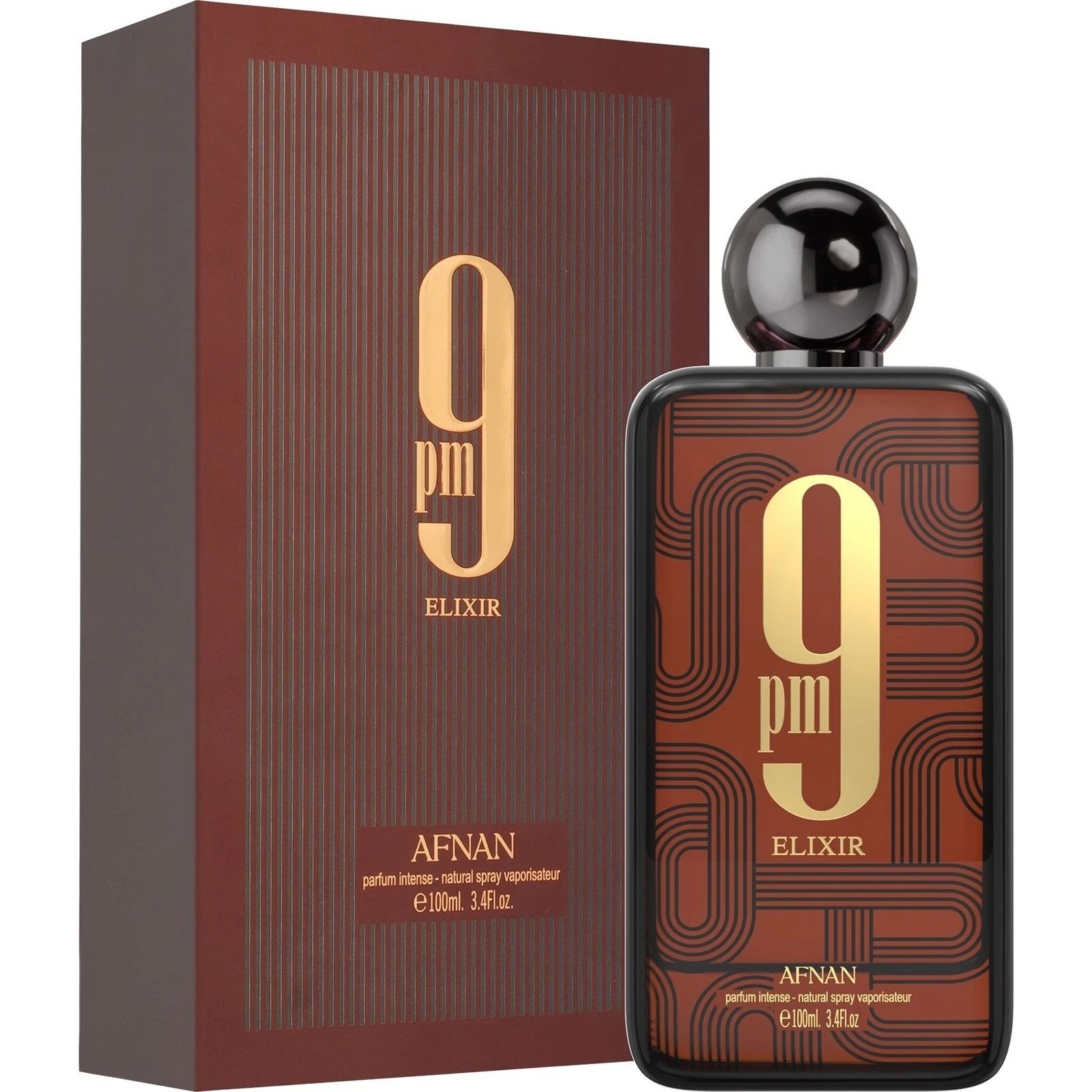 Perfume Afnan 9 pm Elixir em frasco castanho com detalhes dourados e caixa à sua esquerda