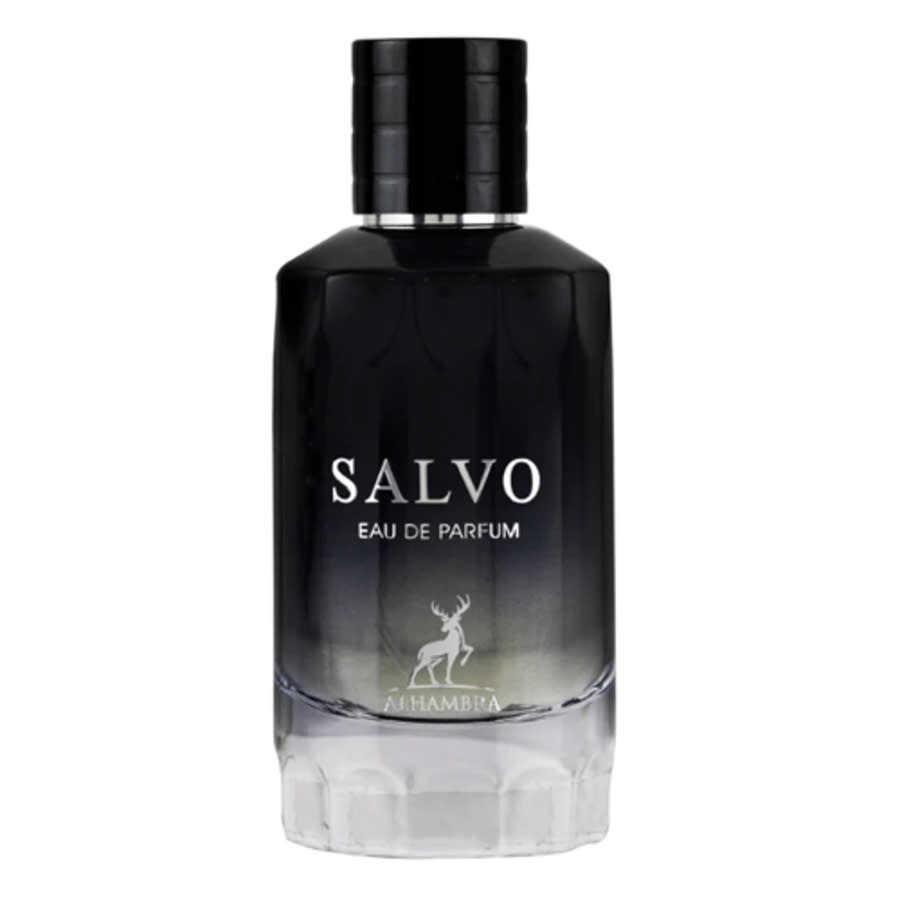 Frasco de perfume Salvo Eau de Parfum em vidro preto e transparente com tampa preta