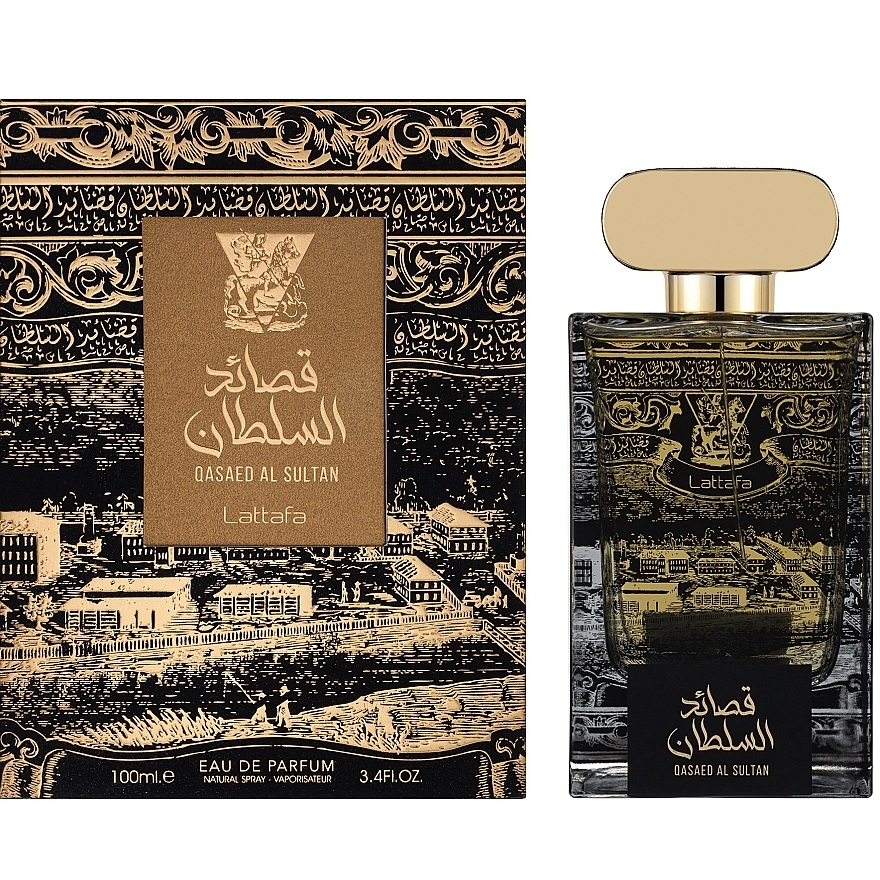 Frasco e embalagem de perfume Lattafa Qasaed Al Sultan preto e dourado, 100ml