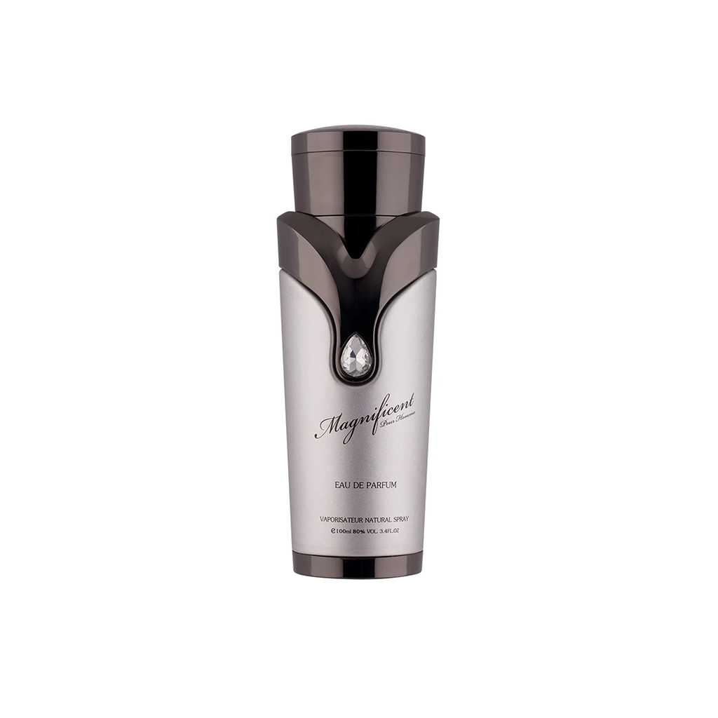 Frasco de perfume masculino Magnificent prateado com detalhes pretos