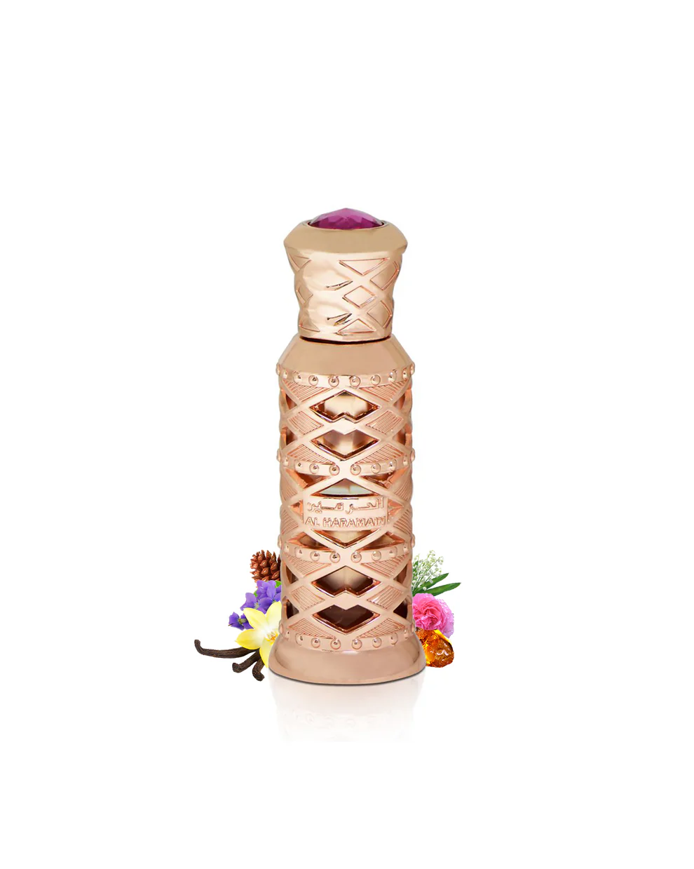 Frasco decorativo dourado com pedra rosa e flores ao fundo